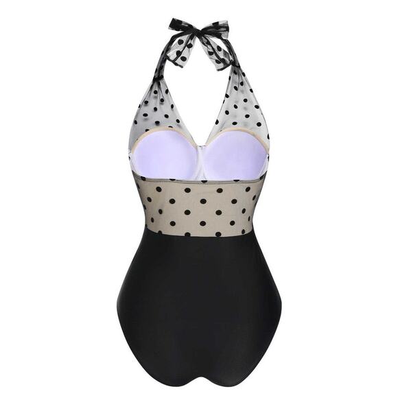 Retro Stage🌿Black Polka Dot Halter Swimsuit XL Mesh Pin-Up 1950's Inspired - Picture 3 of 9